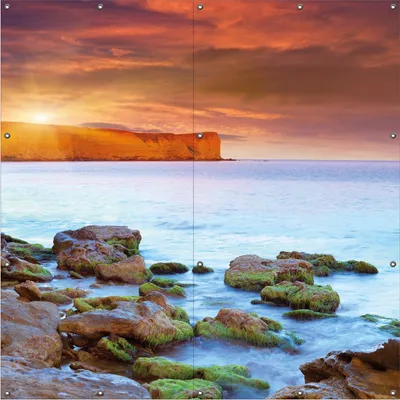 Produktbild von Wallario Outdoor-Poster für Garten oder Balkon, Motiv Sonnenaufgang am Meer mit Landzunge und Felsen im Wasser, in ca. 180 x 180 cm