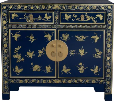 Produktbild von Fine Asianliving Chinesischer Schrank Nachtblau Schmetterlinge Handbemalt - Orientique Kollektion B90xT40xH80cm Chinesischer Schrank Chinesischer Hochzeitsschrank Orientalische Möbel Asiatische