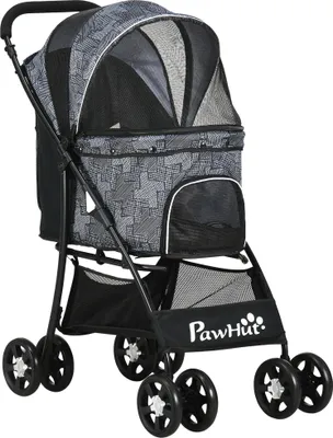Produktbild von Hundebuggy Hundewagen bis 10kg klappbar verstellbares Vordach Bodenkorb Kissen Seitentasche 81 cm x 48 cm x 99 cm Grau