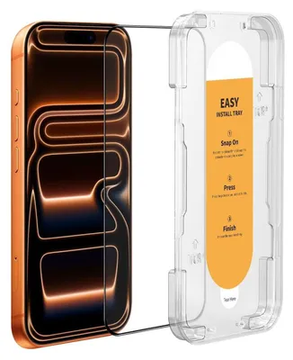 A screen protector for an iPhone is shown next to an installation tray with instructions.