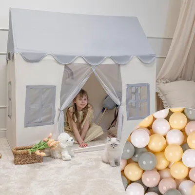 Produktbild von KiddyMoon Kinderzelt Spielhaus Mit 200 Bälle Faltbares Für Kinder Spielzelt Strapazierfähiges Material Kinderspielzelt Fördert Kreativität Ideal Für Drinnen Und Draußen, Weiß-Grau:Pastellbeige/Grüngrau/Pastellgelb/Weiß