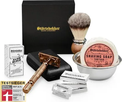 Produktbild von Rasierset - Rasierhobel 'Hamburg' Rosé - Gold – Lederetui Schwarz - Tortuga