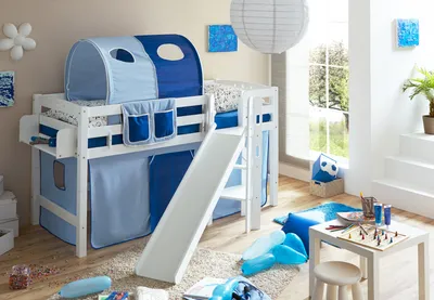 Produktbild von Podestbett mit Rutsche "Tino" Buche Weiß Classic (Hellblau-Dunkelblau)