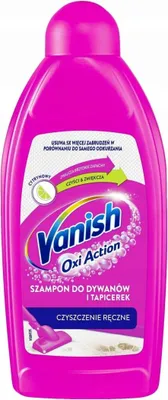 A bottle of Vanish Oxi Action carpet and upholstery shampoo with a lemon scent.