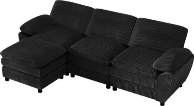 Immagine prodotto di AIORBER Divano moderno modulare a L con pouf, in velluto a coste, divano combinato a 3 posti, pouf estraibile, comodo, flessibile per il soggiorno, nero