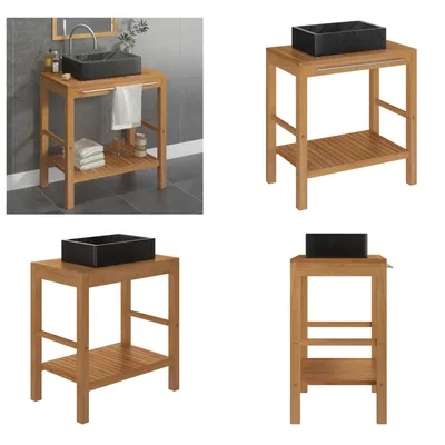 Image de vidaXL : Meuble vasque en bois massif teck avec vasque en marbre noir - Meuble sous vasque - Meubles sous vasque - Armoire de salle de bain - Armoires de salle de bain