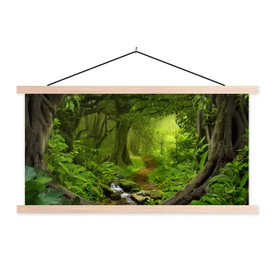 Produktbild von MuchoWow® Textilposter Dschungel - Grün - Natur - Tropisch - Pflanzen 120x60 cm mit holzfarbenen Rahmen - Klemmleiste