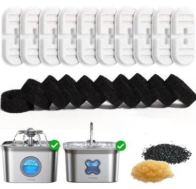 Immagine prodotto di Filtri di ricambio e spugne per fontanelle per gatti, confezione da 10 filtri, confezione da 10 spugne, compatibili con le fontanelle in acciaio inossidabile da 2,8 litri modello FN-W22/FN-W22X