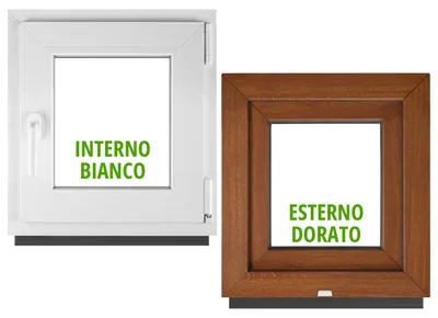 Immagine prodotto di BAU PLAZA. Finestre per cantine. Dimensioni: 90 x 90 cm / 900 x 900 mm. Versione destra. Esterno: rovere dorato. Interno: bianco. Finestra a battente e vasistas. Doppio vetro da 32 mm. Isolamento termico e acustico. Finestra in PVC