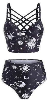 Productafbeelding van JMSUN Dames bikini, zomer, badpak, zon, ster, maan, ruitpatroon, hoge taille, tankini