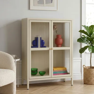 Zdjęcie produktu dla Komoda "Säkylä" ze stali, z 2 drzwiczkami szklanymi, żebrowana, wymiary: 84 x 64 x 35 cm, kolor: beżowy