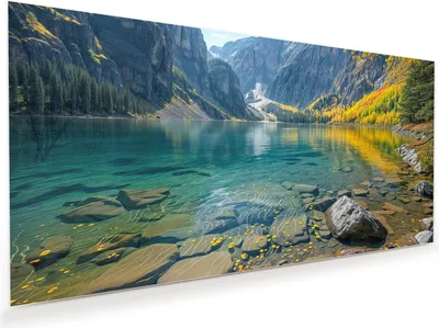 Produktbild von Glasbild 60x30cm in XXL für Wohnzimmer, Schlafzimmer Motiv Bergsee im Herbst