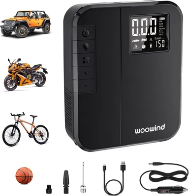 Obrázek produktu pro Woowind Kompresor na baterie, elektrická vzduchová pumpa Auto kolo elektrické, 150 psi, včetně Presta, Schrader Dunlop adaptér