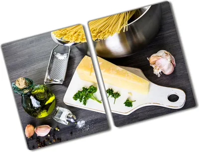 Produktbild von Tulup Glas Herdabdeckplatte - 2x40x52 cm - Glaskeramikkochfeld-Abdeckung Spritzschutz Glasabdeckplatte Kochplattenabdeckung und Schneidebrett - Zweiteilig - Essen & Getränke - Pasta mit Knoblauch - Mehrfarbig