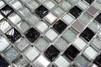 Produktbild von Handmuster Mosaikfliese Transluzent Edelstahl silber schwarz Glasmosaik Crystal Stahl silber schwarz MOS92-0207_m