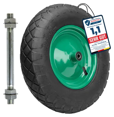 Image de Roue de rechange GARRONDA pour brouette 4.80/4.00-8 Roue de brouette Ø 390 mm Pneu à air 4PR Pneu jusqu'à 120 kg avec axe Jante en acier Roulement à billes pour brouette de jardin, de cour ou de chantier GD-0163, noir-vert