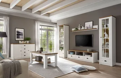 Produktbild von Landhaus Wohnwand Mediawand Anbauwand Wohnzimmer 260cm pinie weiß eichefarben hell