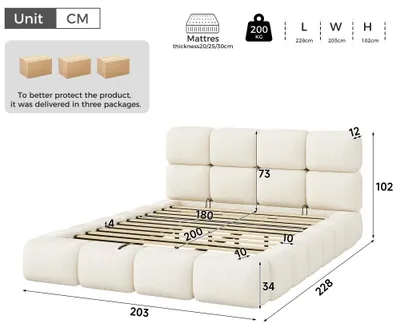 Image de Lit double - Lit avec coffre de rangement hydraulique - Revêtement bouclé - 180 x 200 cm - Sommier à lattes - Tête de lit rembourrée - Blanc