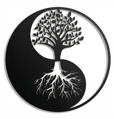 Metall Wanddeko Yin Yang Lebensbaum, 45x45 cm, schwarz