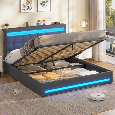 Produktbild von Polsterbett 160x200 CM mit Ladestation & LED-Beleuchtung,Doppelbettgestell mit Stauraum Kopfteil & Lattenrost, Schwebender visueller Effekt,Modern Bettgestell Leinen, Ohne Matratze,Dunkelgrau