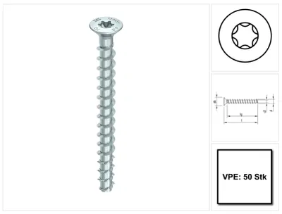 Zdjęcie produktu dla HECO-MULTI-MONTI-plus F Wkręt do betonu z łbem stożkowym TX z pełnym gwintem 7,5x60 mm ocynkowany na niebiesko 50 szt