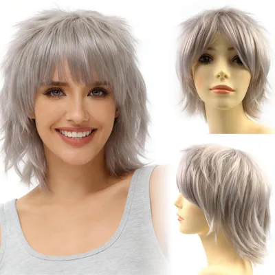 Produktbild von Anime Cosplay Perücke Kurzhaar Silbergrau für Herren Damen Halloween Karneval
