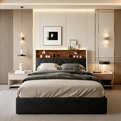 Obrázok produktu pre Postel s pružinovou základňou INONEFT, rozmer 160x200 cm, s LED osvetlením a USB/Type-C portami, čalúnená dvojlôžková posteľ s úložným priestorom, hydraulická posteľ s úložným priestorom, posteľ pre mládež, materiál: PU, farba: čierna.