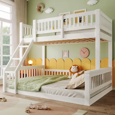 Image de Flieks Lit superposé 90x200cm/140x200cm avec protection contre les chutes, lit surélevé pour enfants avec échelle, lit d'enfant au sol, blanc