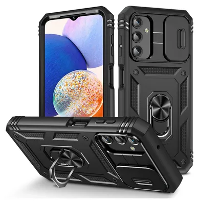 Immagine prodotto di Custodia per Samsung Galaxy A14 5G protezione fotocamera scorrevole, resistente agli urti, con supporto ad anello, supporto e porta carte di credito Nero