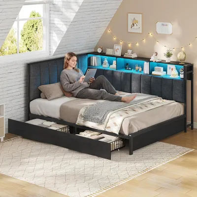 Produktbild von KIMENICH Polsterbett Schlafsofa, Jugendbett mit LED-Beleuchtung, Ladestation, Tagesbett mit 2 Schubladen und Offene Regale, 140x200 cm, Schwarz