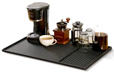 Produktbild von Abtropfmatte für Geschirr, 40,5 x 61 cm, Kaffeemaschinenmatte, Silikonmatte mit Abtropffläche von 19 x 40 cm, Spülbecken-Trockenmatte, hitzebeständig, rutschfest, 2-in-1-Silikonmatte für unter die Kaffeemaschine (schwarz)