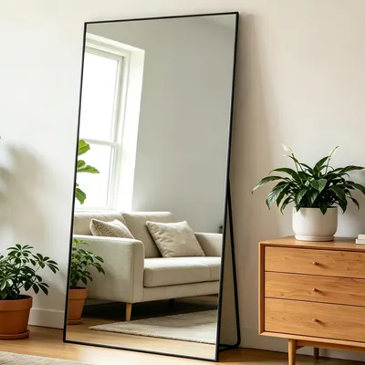 Produktbild von Ganzkörperspiegel rechteckig 198 x 96 cm Schwarz mit U-förmigem Ständer Aluminiumlegierung