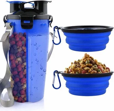 Produktbild von Famanu Trink- und Futterflasche für Hunde mit faltbaren Reiseschalen - 2-in-1