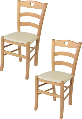 Immagine prodotto di t m c s Tommychairs - Set di 2 sedie CUORE per cucina e sala da pranzo, Struttura robusta in legno di faggio laccato in colore naturale e sedile imbottito rivestito in Pelle finta in colore avorio
