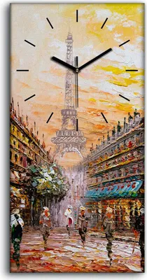 Produktbild von Wanduhr Bürouhr Leinwand Bild Quarz 30x60 Paris Eiffel Baum Straße Menschen - schwarze Hände