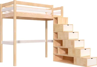 Produktbild von Hochbett holz mit Treppenregal Sylvia - 90x200 - Naturlack/Weiß