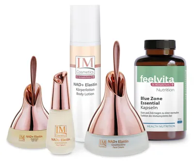 Produktbild von Genius Feelvita IM Cosmetics NAD+ Elastin Inside-/Out Set 5-tlg. mit Gesichtscreme & Serum, Augengel, Körperlotion & Blue Zone Essential Kapseln