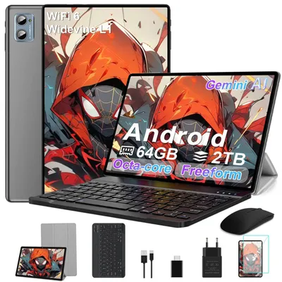 Produktbild von 2026 Tablet 10 Zoll Android Octa Core Tablet mit ROM + 2 TB TF 5G + WiFi Gemini AI 8 MP + 5 MP Typ C Touchscreen-Tablet mit Hülle Tastatur Grau 64 GB