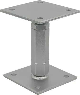 A silver metal post support with a square base and a square top, connected by an adjustable cylindrical column.