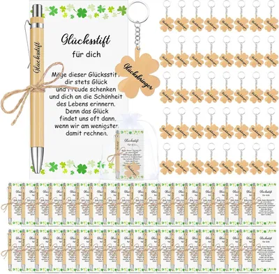 Productafbeelding van Sets geluksstift - Set van 40 - Bedankje - Cadeau met kaart - Houten klaverblad - Sleutelhanger - Balpen - Geluksbrenger