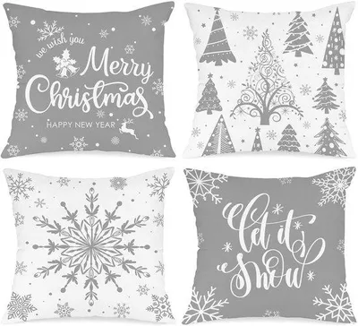 Imagen del producto de Juego de 4 fundas de cojín Unyqoos® de 100% algodón y lino, color blanco y gris, con motivos de copos de nieve. Fundas de cojín decorativas navideñas con cremallera invisible