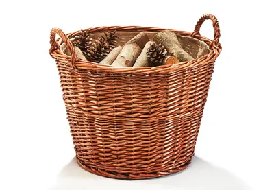 Produktbild von Kobolo Holztrage mit Jutestoff und Henkel ausgestattet rund | Holzkorb für Kaminholz Weide Weidenkorb Brennholzkorb Kaminholzkorb Feuerholzkorb Deko