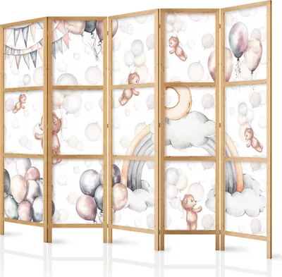 Produktbild von 5-teiliger Einseitiger Vlies Japanischer Paravent - Plush Bears with Balloons - Flying light-brown bears among balloons - clouds - and rainbows in subdued - pastel colors. 225x172 cm Für Kinder e-C-10071-bh-b