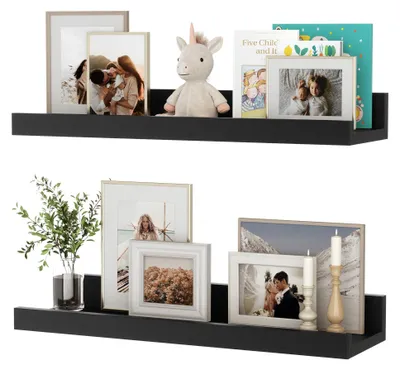 Image de Étagère murale, lot de 2, étagère suspendue de 40 cm en MDF, support mural pour cadres photo et objets de décoration, style industriel, idéale pour le bureau, la chambre à coucher et la cuisine (noir, 40 cm)