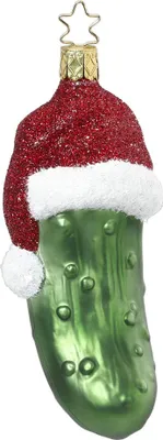 Produktbild von Christbaumschmuck Weihnachtsgurke mit Mütze Glas 12cm grün, 1 Stück