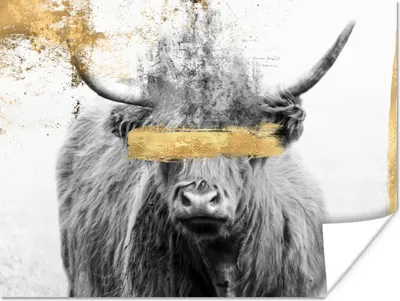 Produktbild von MuchoWow® Poster Schottischer Highlander - Gold - Schwarz - Weiß 120x90 cm - Wandbild