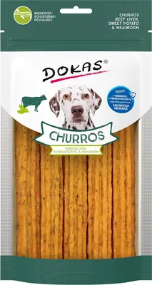 Produktbild von Dokas Hunde Snack Churros mit Rinderleber, Süsskartoffel & Mehlwurm 150 g