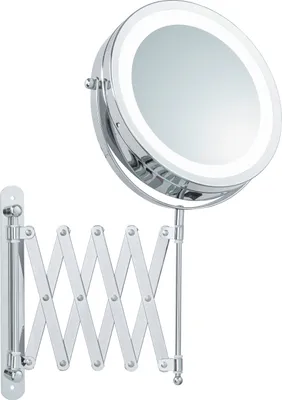 A wall-mounted LED makeup mirror with an extendable arm.