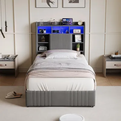 Zdjęcie produktu dla Łóżko pojedyncze UnboxG 90x200 cm, kolor szary, z 2 szufladami, zagłówkiem z oświetleniem LED, stacją ładującą i schowkiem, z lnianym obiciem, do sypialni