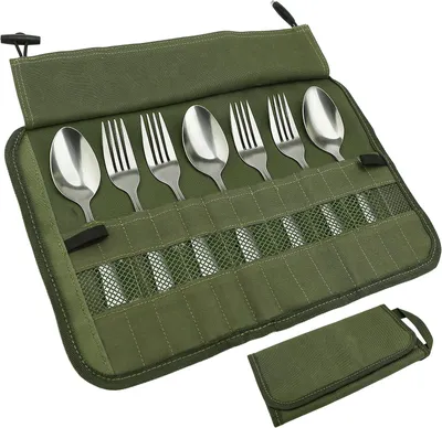 Produktbild von Besteckaufbewahrungstasche - Camping Bestecktasche - Besteckrolle - 38 x 25 cm - 13 Fächer - Für Camping, Reisen, Grillen und Outdoor - Ohne Besteck